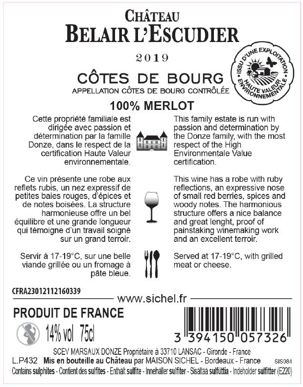 Château Belair l'Escudier AOC Côtes de Bourg Rouge 2019