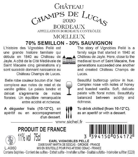 Château Champs de Lucas AOC Bordeaux Blanc Moelleux 2020