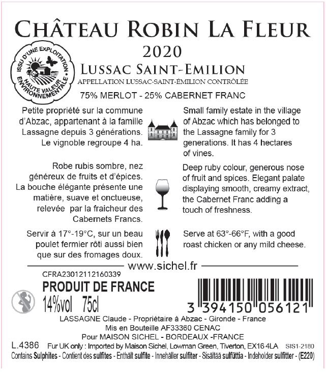 Château Robin La Fleur AOC Lussac Saint-Emilion Red 2020
