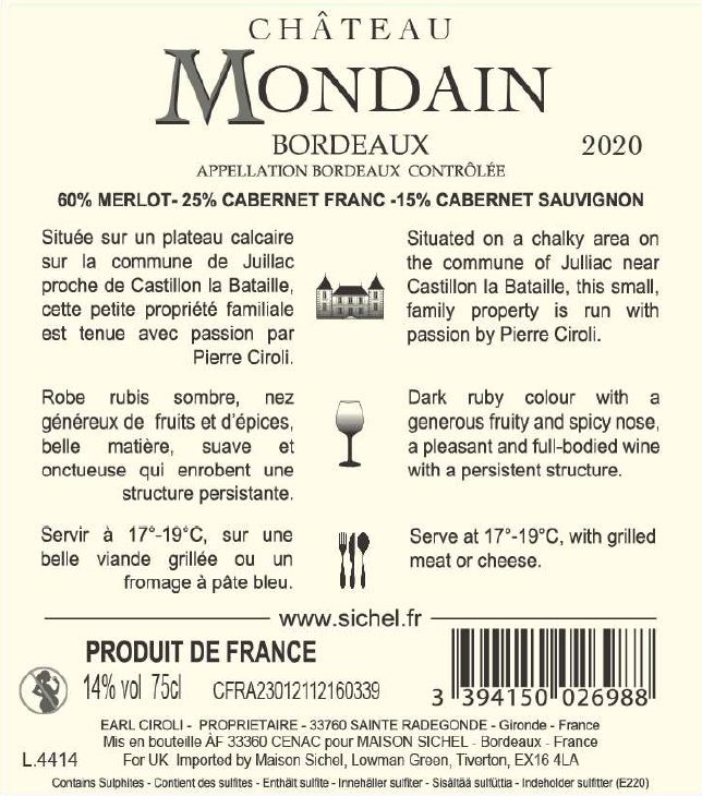 Château Mondain AOC Bordeaux Red 2020