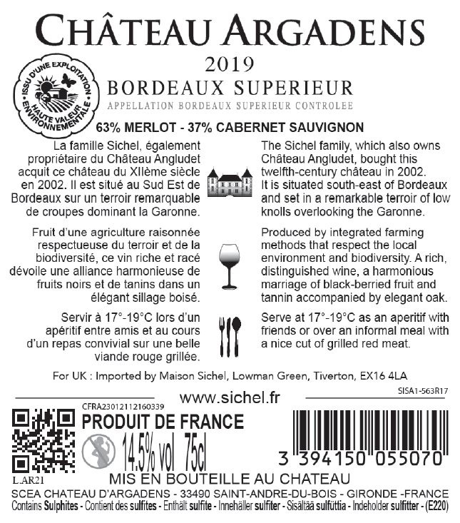 Château Argadens AOC Bordeaux Supérieur Rouge 2019