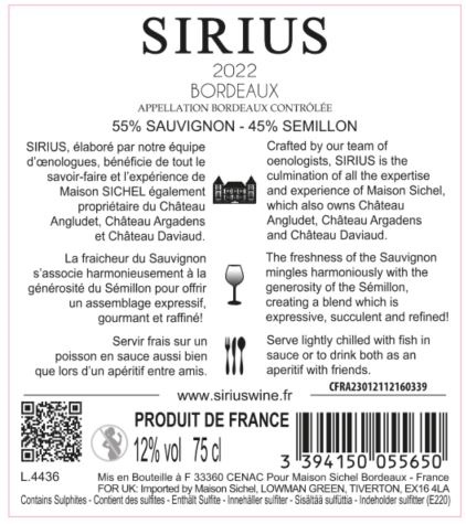 Sirius AOC Bordeaux Blanc 2022