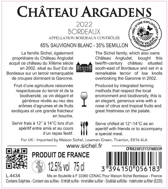 Château Argadens AOC Bordeaux White 2022