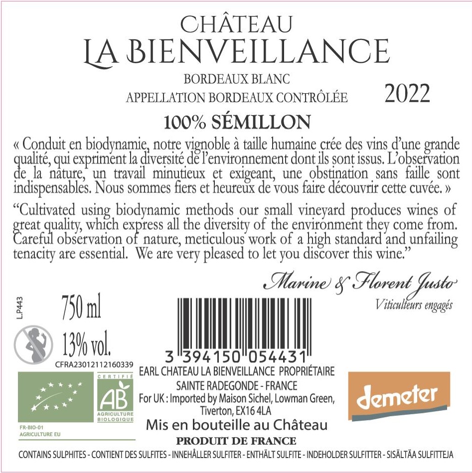 Château La Bienveillance AOC Bordeaux  White 2022