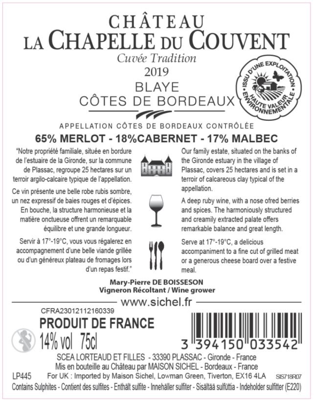 Château La Chapelle du Couvent AOC Blaye - Côtes de Bordeaux Rouge 2019