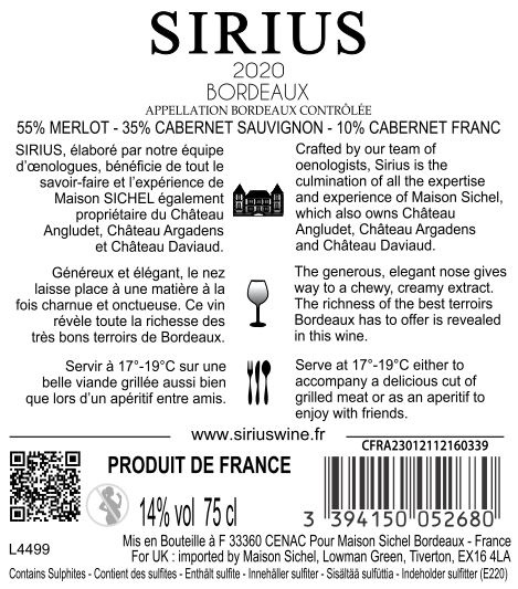 Sirius AOC Bordeaux Red 2020