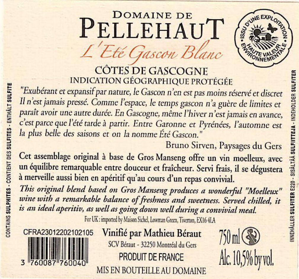 Domaine de Pellehaut L'été Gascon  IGP Côtes de Gascogne Blanc Moelleux 2022