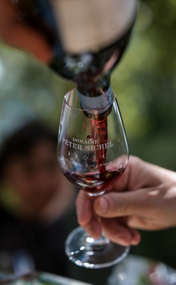 Domaine Peter Sichel – vin de montagne Verre gravé Domaine Peter Sichel rempli de vin, servi en extérieur