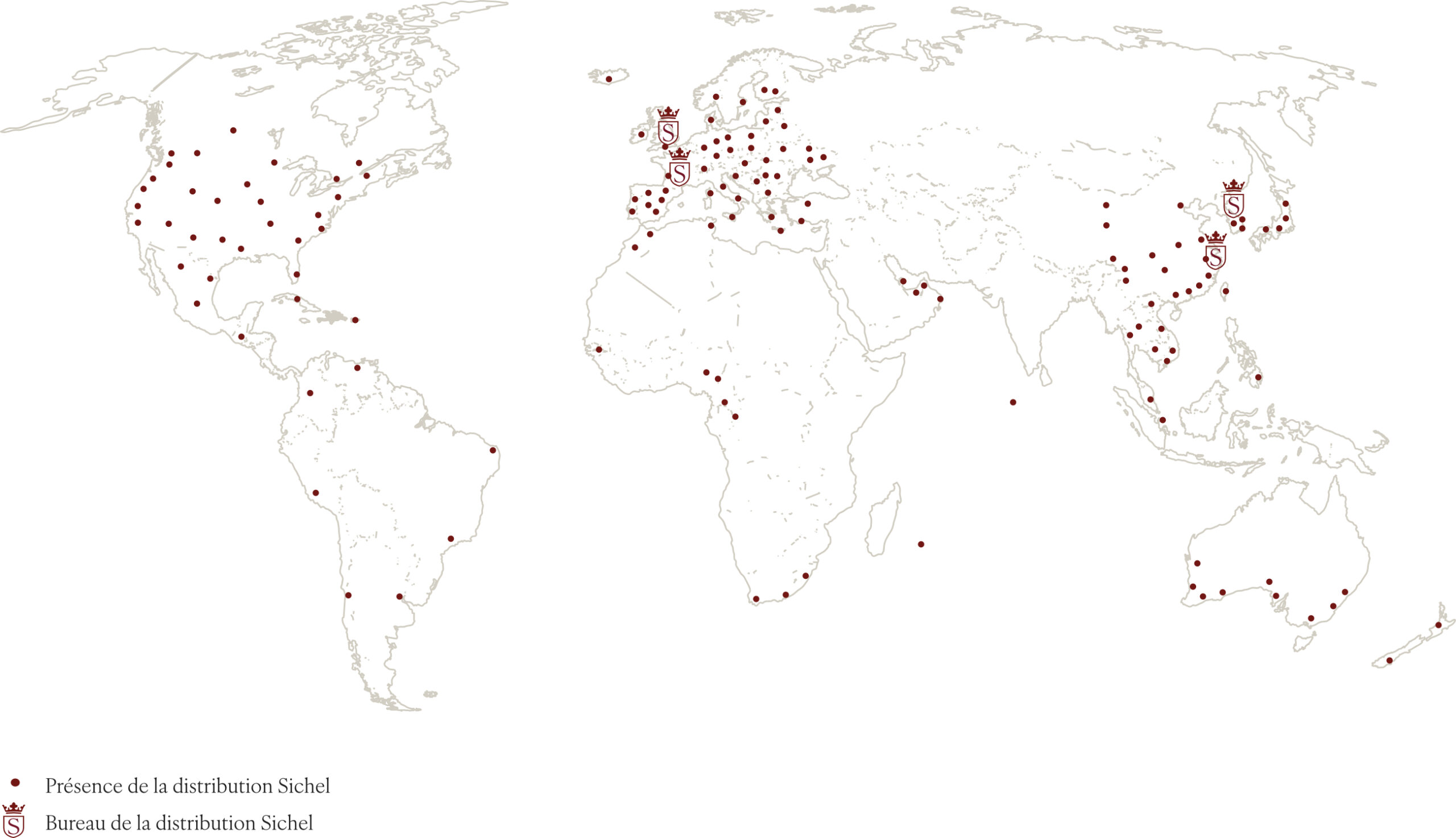 Présence de la distribution – Maison Sichel Carte du monde montrant la présence internationale de la distribution Sichel